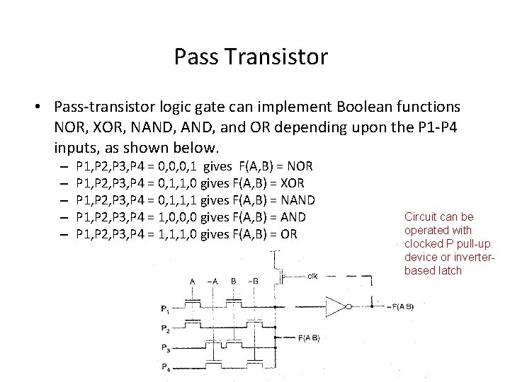 Pass Transistor • Pass-transistor logic gate can implement Boolean functions NOR, XOR, NAND, and