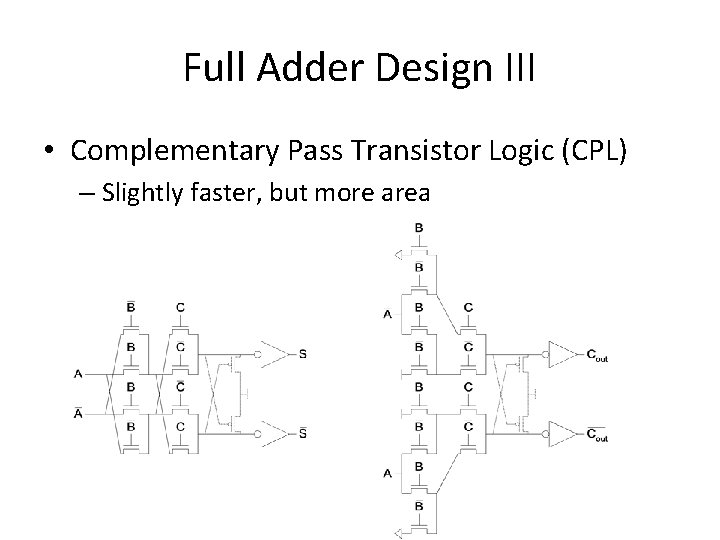 Full Adder Design III • Complementary Pass Transistor Logic (CPL) – Slightly faster, but