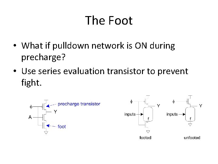 The Foot • What if pulldown network is ON during precharge? • Use series