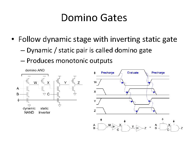 Domino Gates • Follow dynamic stage with inverting static gate – Dynamic / static