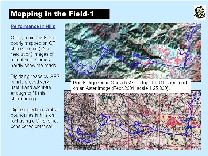 Mapping in the Field-1 Performance in Hills Often, main roads are poorly mapped on