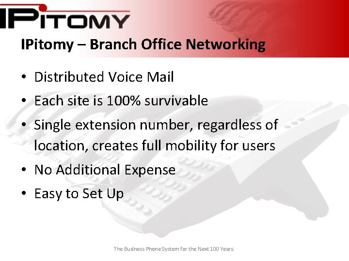 IPitomy – Branch Office Networking • Distributed Voice Mail • Each site is 100%