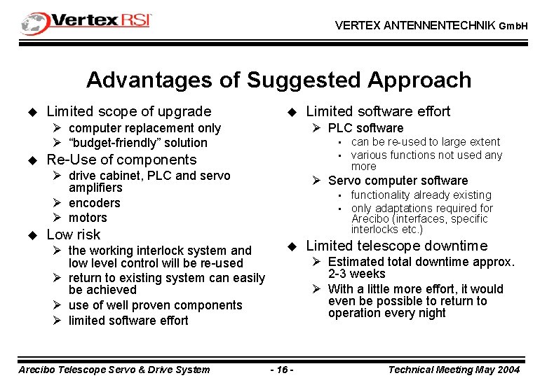 VERTEX ANTENNENTECHNIK Gmb. H Advantages of Suggested Approach u Limited scope of upgrade u