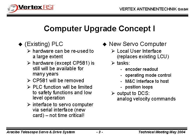 VERTEX ANTENNENTECHNIK Gmb. H Computer Upgrade Concept I u (Existing) PLC u Ø hardware