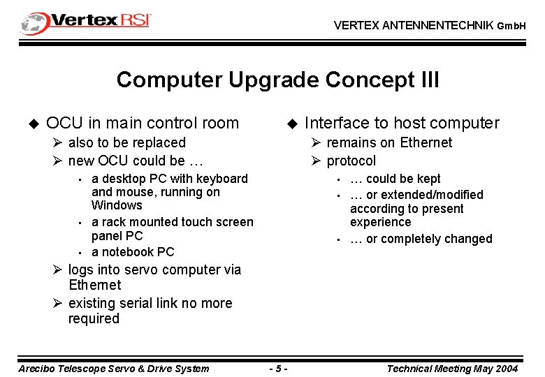 VERTEX ANTENNENTECHNIK Gmb. H Computer Upgrade Concept III u OCU in main control room