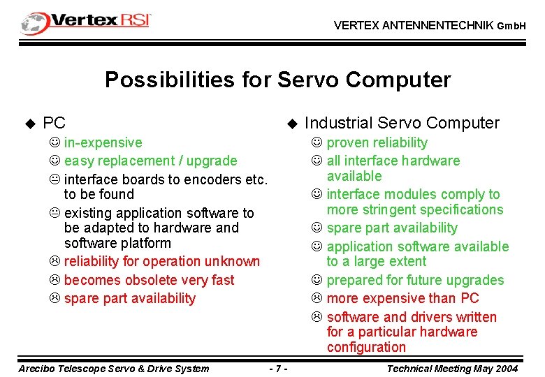 VERTEX ANTENNENTECHNIK Gmb. H Possibilities for Servo Computer u PC u J in-expensive J