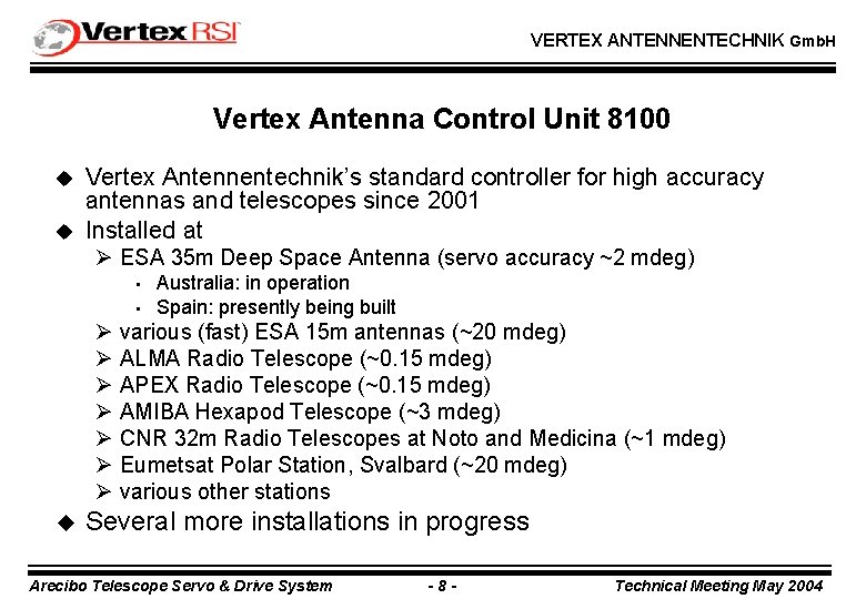 VERTEX ANTENNENTECHNIK Gmb. H Vertex Antenna Control Unit 8100 u u Vertex Antennentechnik’s standard