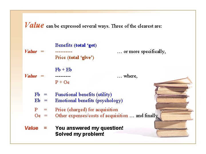 Value can be expressed several ways. Three of the clearest are: Value = Benefits