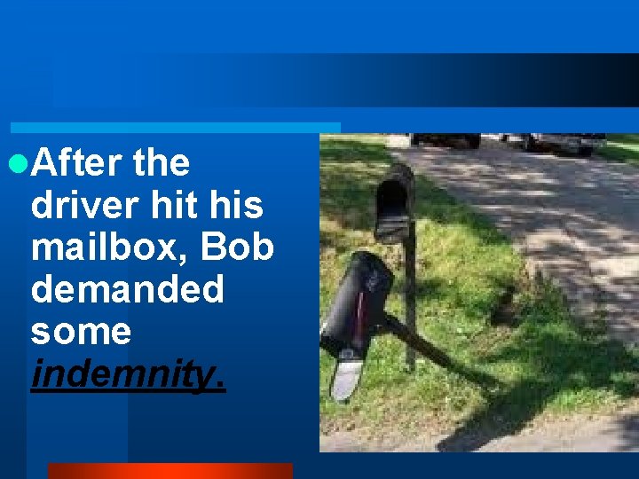 l. After the driver hit his mailbox, Bob demanded some indemnity. 