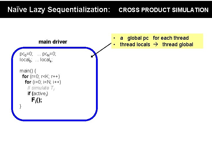 Naïve Lazy Sequentialization: CROSS PRODUCT SIMULATION main driver pc 0=0; . . . pc.