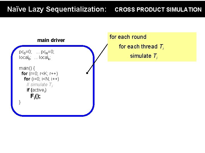 Naïve Lazy Sequentialization: CROSS PRODUCT SIMULATION main driver pc 0=0; . . . pc.
