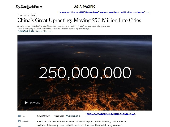 http: //www. nytimes. com/2013/06/16/world/asia/chinas-great-uprooting-moving-250 -million-into-cities. html? _r=0 https: //www. youtube. com/watch? v=bz. Ba 947