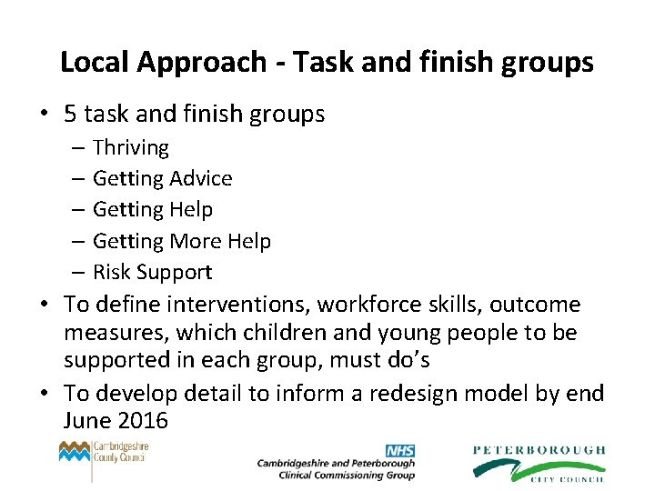 Local Approach - Task and finish groups • 5 task and finish groups –