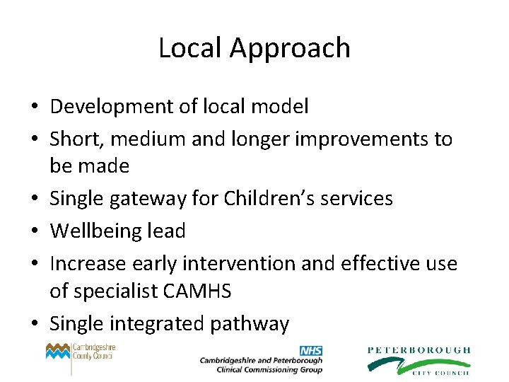 Local Approach • Development of local model • Short, medium and longer improvements to
