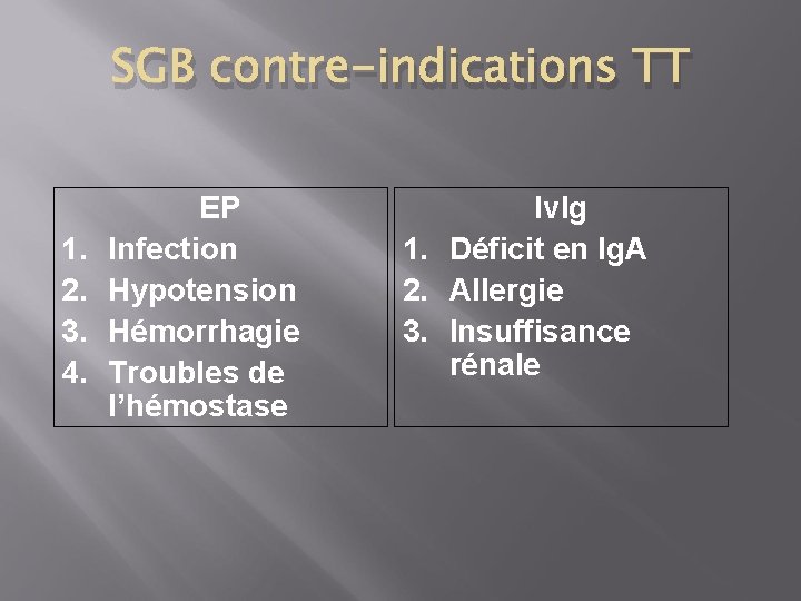 SGB contre-indications TT 1. 2. 3. 4. EP Infection Hypotension Hémorrhagie Troubles de l’hémostase