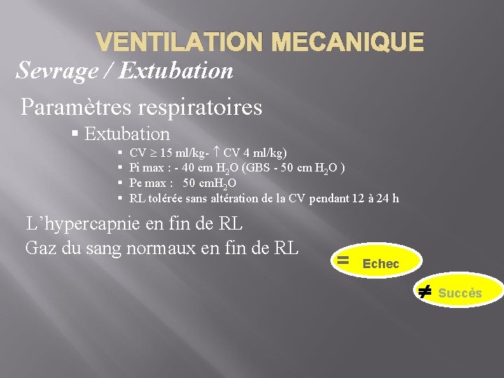 VENTILATION MECANIQUE Sevrage / Extubation Paramètres respiratoires § Extubation § § CV 15 ml/kg-