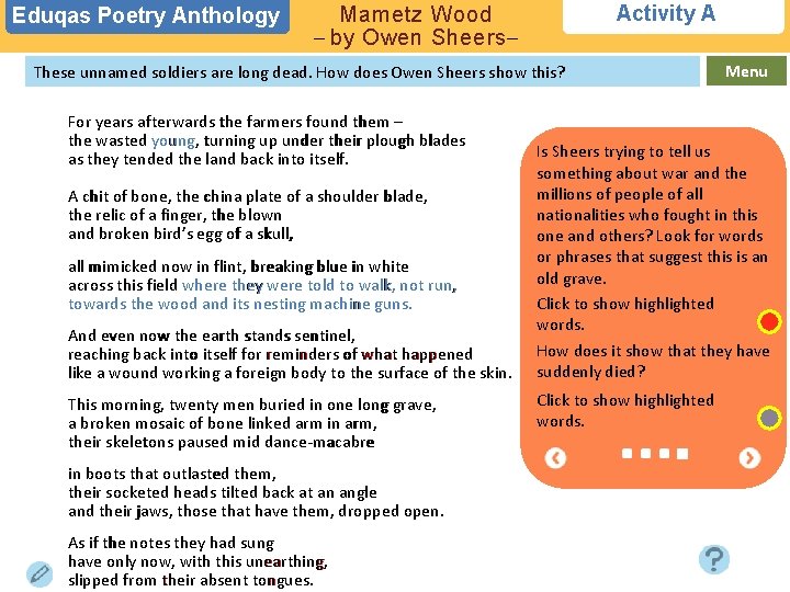 Eduqas Poetry Anthology Activity A Mametz Wood – by Owen Sheers– These unnamed soldiers