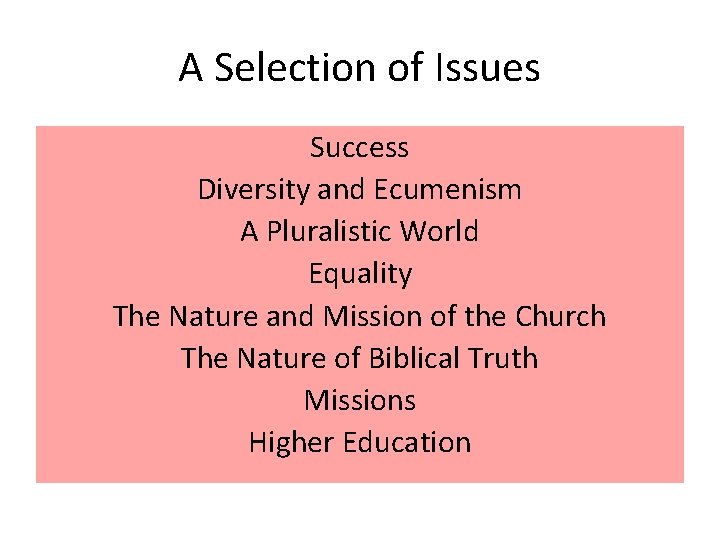 A Selection of Issues Success Diversity and Ecumenism A Pluralistic World Equality The Nature