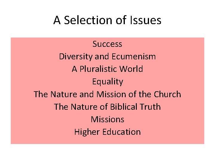 A Selection of Issues Success Diversity and Ecumenism A Pluralistic World Equality The Nature