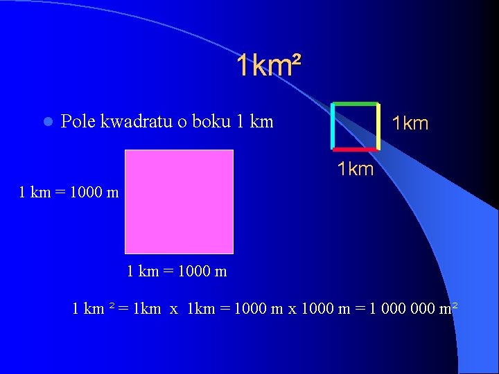 1 km² l Pole kwadratu o boku 1 km 1 km 1 km =
