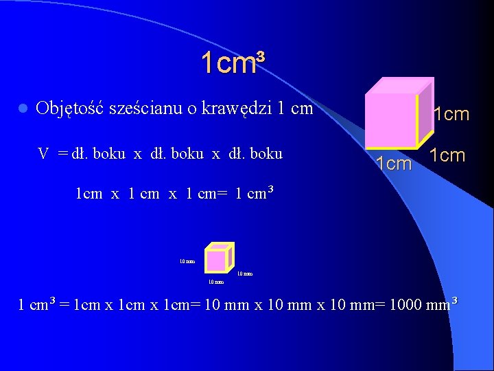 1 cm³ l Objętość sześcianu o krawędzi 1 cm V = dł. boku x