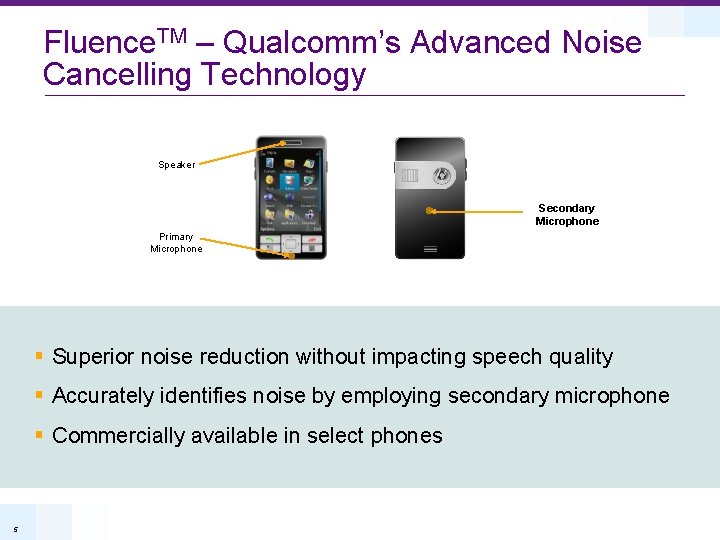 Fluence. TM – Qualcomm’s Advanced Noise Cancelling Technology Speaker Secondary Microphone Primary Microphone §