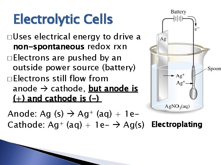 Electrolytic Cells � Uses electrical energy to drive a non-spontaneous redox rxn � Electrons