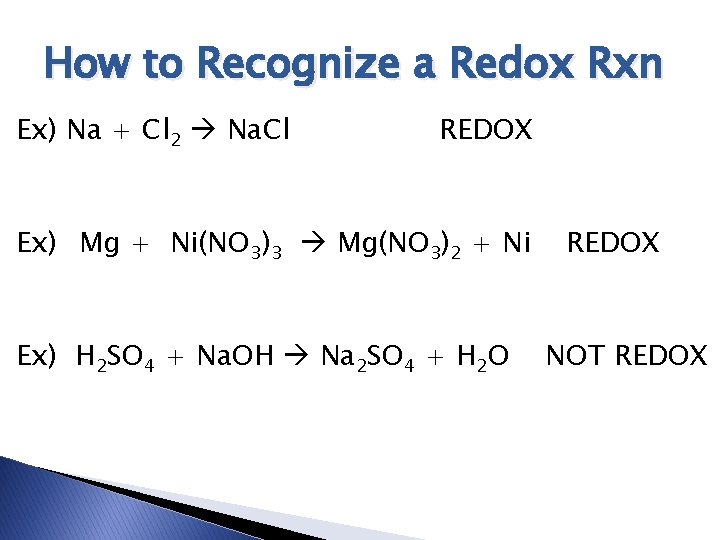 How to Recognize a Redox Rxn Ex) Na + Cl 2 Na. Cl REDOX