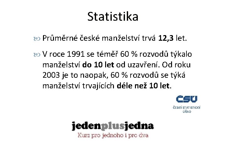 Statistika Průměrné české manželství trvá 12, 3 let. V roce 1991 se téměř 60
