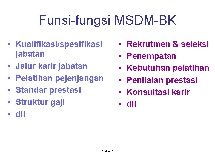 Funsi-fungsi MSDM-BK • Kualifikasi/spesifikasi jabatan • Jalur karir jabatan • Pelatihan pejenjangan • Standar Funsi-fungsi MSDM-BK • Kualifikasi/spesifikasi jabatan • Jalur karir jabatan • Pelatihan pejenjangan • Standar