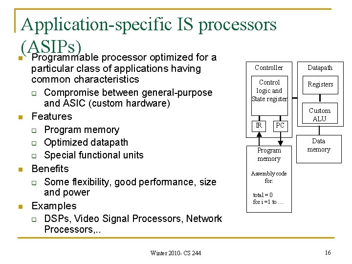Application-specific IS processors (ASIPs) Programmable processor optimized for a n n particular class of