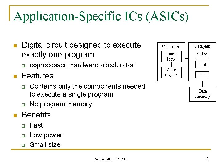 Application-Specific ICs (ASICs) n Digital circuit designed to execute exactly one program q n