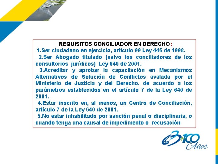 REQUISITOS CONCILIADOR EN DERECHO: 1. Ser ciudadano en ejercicio, artículo 99 Ley 446 de