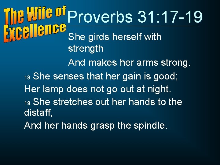 Proverbs 31: 17 -19 She girds herself with strength And makes her arms strong.