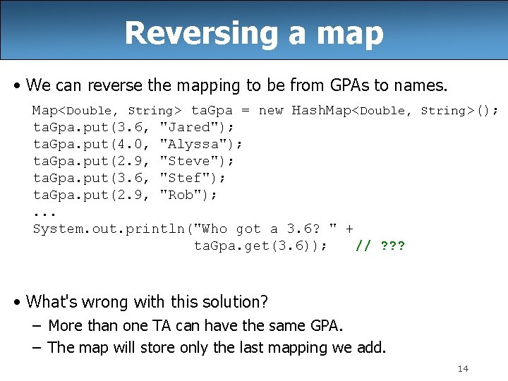 Reversing a map • We can reverse the mapping to be from GPAs to Reversing a map • We can reverse the mapping to be from GPAs to