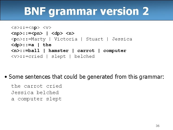 BNF grammar version 2 <s>: : =<np> <v> <np>: : =<pn> | <dp> <n> BNF grammar version 2 <s>: : =<np> <v> <np>: : =<pn> | <dp> <n>