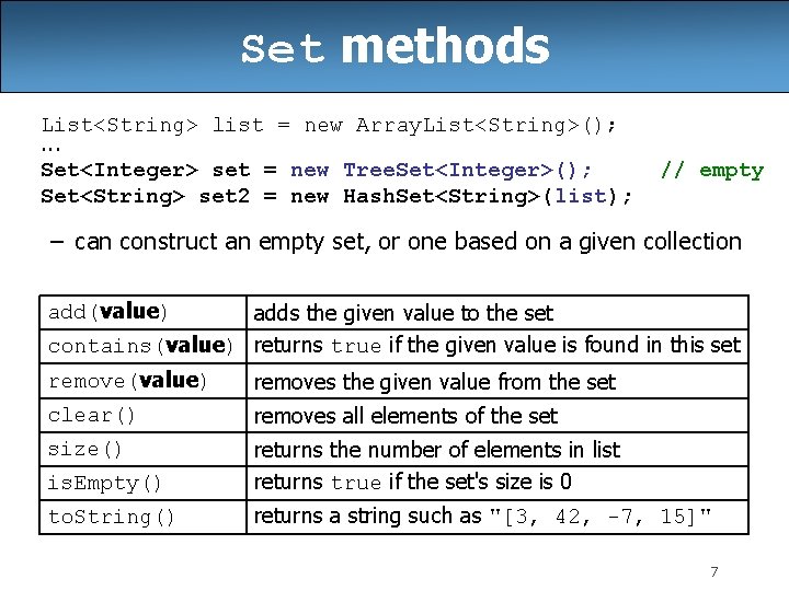 Set methods List<String> list = new Array. List<String>(); . . . Set<Integer> set = Set methods List<String> list = new Array. List<String>(); . . . Set<Integer> set =