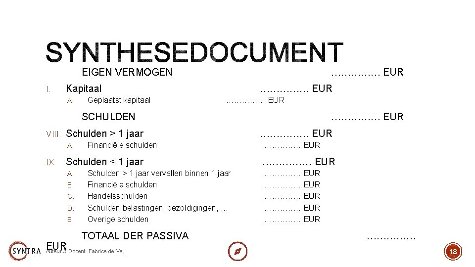 EIGEN VERMOGEN I. …………… EUR Kapitaal A. Geplaatst kapitaal …………… EUR SCHULDEN VIII. Schulden