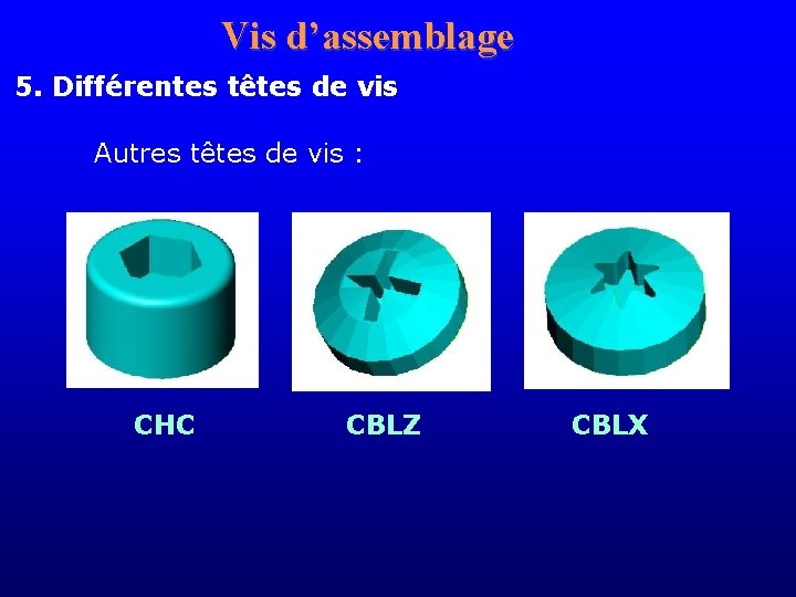 Vis d’assemblage 5. Différentes têtes de vis Autres têtes de vis : CHC CBLZ Vis d’assemblage 5. Différentes têtes de vis Autres têtes de vis : CHC CBLZ