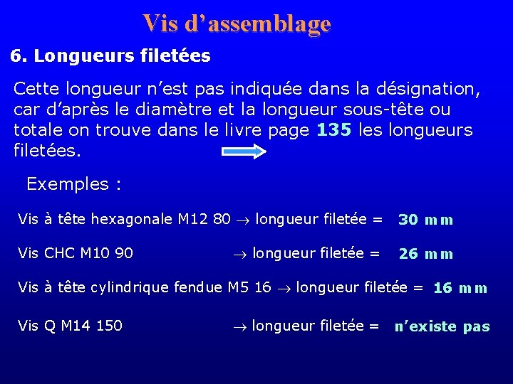 Vis d’assemblage 6. Longueurs filetées Cette longueur n’est pas indiquée dans la désignation, car