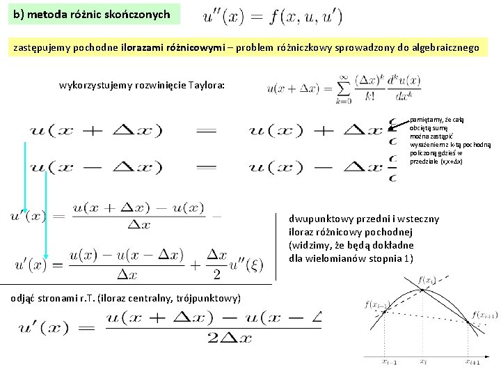 b) metoda różnic skończonych zastępujemy pochodne ilorazami różnicowymi – problem różniczkowy sprowadzony do algebraicznego