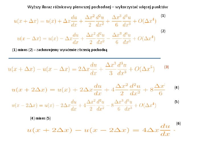 Wyższy iloraz różnicowy pierwszej pochodnej – wykorzystać więcej punktów (1) (2) (1) minus (2)