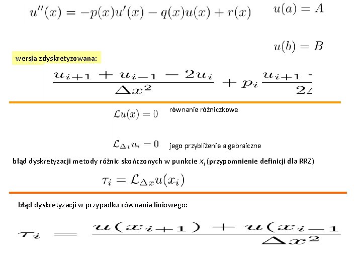 wersja zdyskretyzowana: równanie różniczkowe jego przybliżenie algebraiczne błąd dyskretyzacji metody różnic skończonych w punkcie