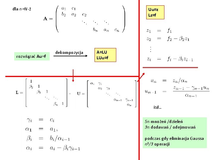 dla n=N-1 rozwiązać Au=f Uu=z Lz=f dekompozycja A=LU LUu=f itd. . 5 n mnożeń