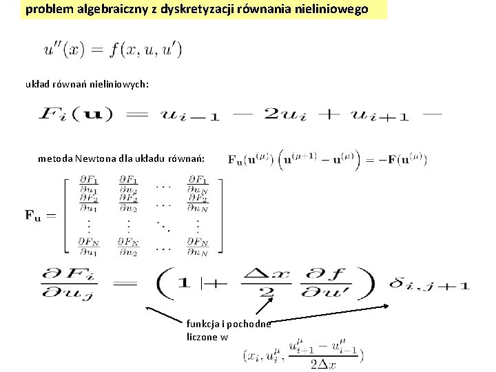 problem algebraiczny z dyskretyzacji równania nieliniowego układ równań nieliniowych: metoda Newtona dla układu równań: