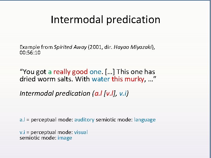 Intermodal predication Example from Spirited Away (2001, dir. Hayao Miyazaki), 00: 56: 10 “You