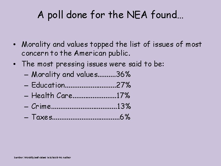 A poll done for the NEA found… • Morality and values topped the list