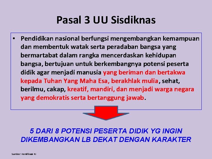 Pasal 3 UU Sisdiknas • Pendidikan nasional berfungsi mengembangkan kemampuan dan membentuk watak serta