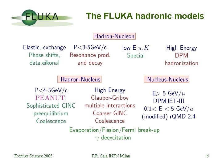 The FLUKA hadronic models Frontier Science 2005 P. R. Sala INFN Milan 6 
