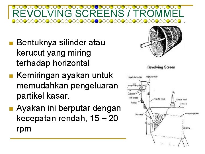 REVOLVING SCREENS / TROMMEL n n n Bentuknya silinder atau kerucut yang miring terhadap